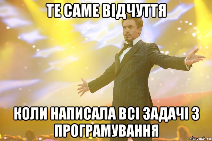 те саме відчуття коли написала всі задачі з програмування, Мем Тони Старк (Роберт Дауни младший)