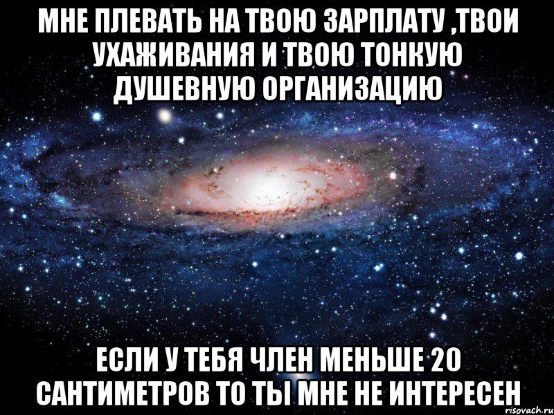 мне плевать на твою зарплату ,твои ухаживания и твою тонкую душевную организацию если у тебя член меньше 20 сантиметров то ты мне не интересен, Мем Вселенная