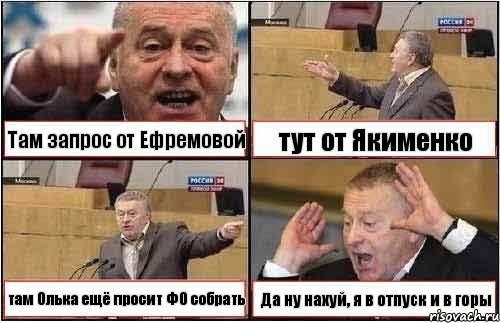 Там запрос от Ефремовой тут от Якименко там Олька ещё просит ФО собрать Да ну нахуй, я в отпуск и в горы, Комикс жиреновский