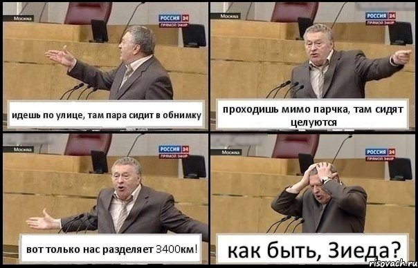 идешь по улице, там пара сидит в обнимку проходишь мимо парчка, там сидят целуются вот только нас разделяет 3400км! как быть, Зиеда?, Комикс Жирик в шоке хватается за голову