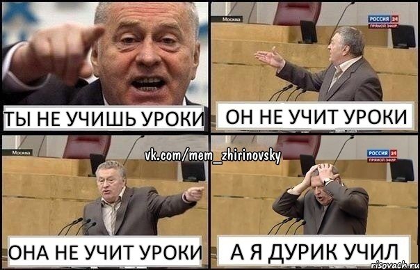 ты не учишь уроки он не учит уроки она не учит уроки а я дурик учил, Комикс Жирик