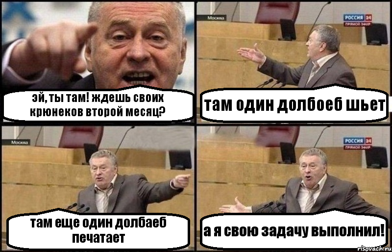 эй, ты там! ждешь своих крюнеков второй месяц? там один долбоеб шьет там еще один долбаеб печатает а я свою задачу выполнил!, Комикс Жириновский