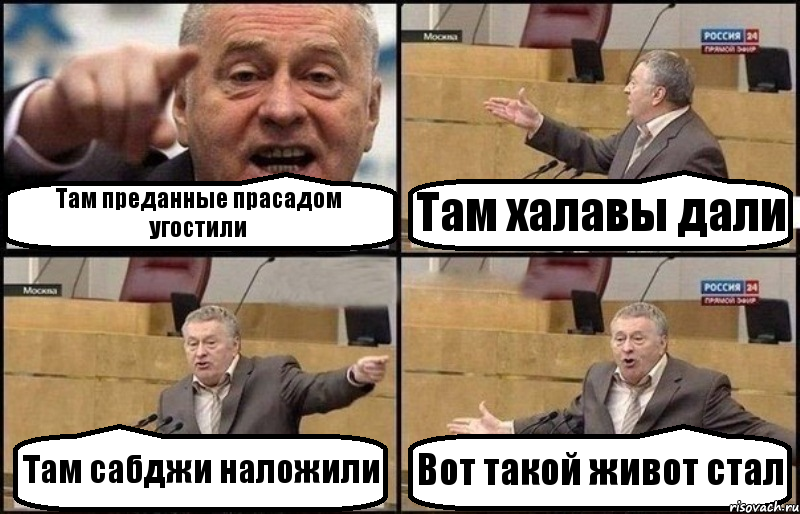 Там преданные прасадом угостили Там халавы дали Там сабджи наложили Вот такой живот стал, Комикс Жириновский