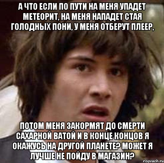 а что если по пути на меня упадет метеорит, на меня нападет стая голодных пони, у меня отберут плеер, потом меня закормят до смерти сахарной ватой и в конце концов я окажусь на другой планете? может я лучше не пойду в магазин?, Мем А что если (Киану Ривз)