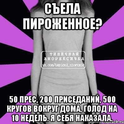 съела пироженное? 50 прес, 200 приседаний, 500 кругов вокруг дома, голод на 10 недель. я себя наказала., Мем Типичная анорексичка