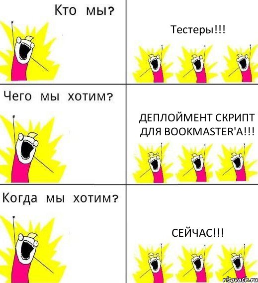 Тестеры!!! Деплоймент скрипт для Bookmaster'а!!! Сейчас!!!, Комикс Что мы хотим