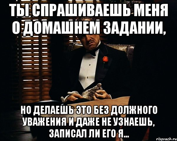 ты спрашиваешь меня о домашнем задании, но делаешь это без должного уважения и даже не узнаешь, записал ли его я..., Мем Дон Вито Корлеоне