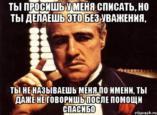 ты просишь у меня списать, но ты делаешь это без уважения, ты не называешь меня по имени, ты даже не говоришь после помощи спасибо, Мем крестный отец