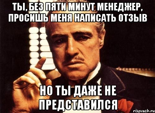 ты, без пяти минут менеджер, просишь меня написать отзыв но ты даже не представился, Мем крестный отец