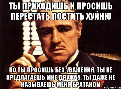 ты приходишь и просишь перестать постить хуйню но ты просишь без уважения, ты не предлагаешь мне дружбу, ты даже не называешь меня братаном, Мем крестный отец