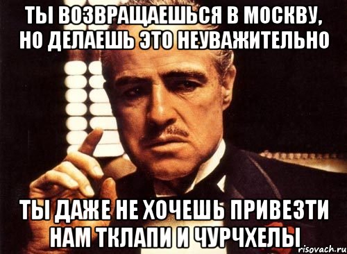 ты возвращаешься в москву, но делаешь это неуважительно ты даже не хочешь привезти нам тклапи и чурчхелы, Мем крестный отец