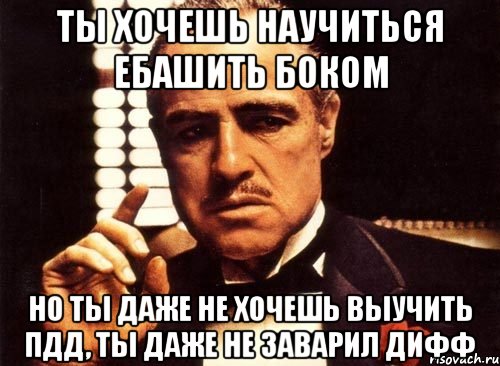 ты хочешь научиться ебашить боком но ты даже не хочешь выучить пдд, ты даже не заварил дифф, Мем крестный отец