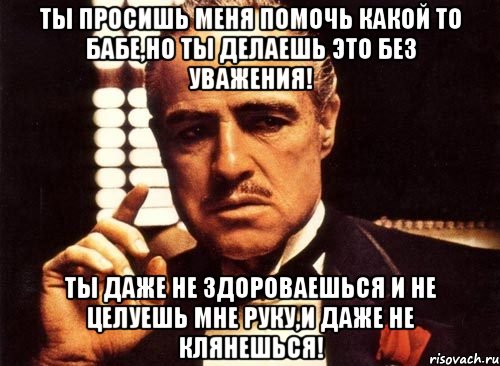 ты просишь меня помочь какой то бабе,но ты делаешь это без уважения! ты даже не здороваешься и не целуешь мне руку,и даже не клянешься!, Мем крестный отец