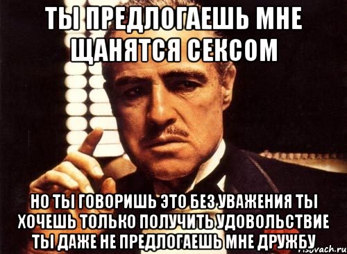 ты предлогаешь мне щанятся сексом но ты говоришь это без уважения ты хочешь только получить удовольствие ты даже не предлогаешь мне дружбу, Мем крестный отец