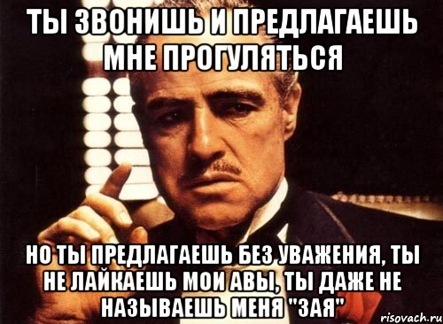 ты звонишь и предлагаешь мне прогуляться но ты предлагаешь без уважения, ты не лайкаешь мои авы, ты даже не называешь меня "зая", Мем крестный отец