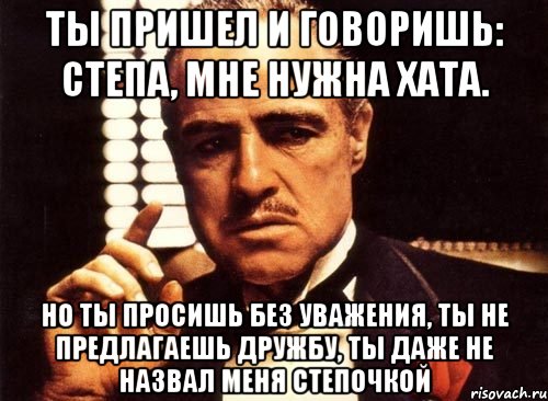 ты пришел и говоришь: степа, мне нужна хата. но ты просишь без уважения, ты не предлагаешь дружбу, ты даже не назвал меня степочкой, Мем крестный отец