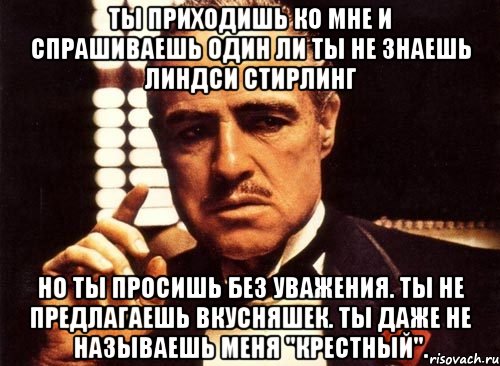 ты приходишь ко мне и спрашиваешь один ли ты не знаешь линдси стирлинг но ты просишь без уважения. ты не предлагаешь вкусняшек. ты даже не называешь меня "крестный"., Мем крестный отец