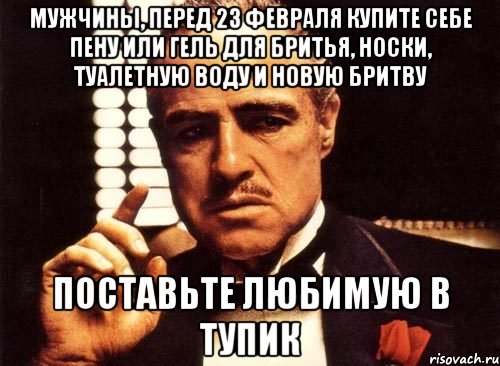 мужчины, перед 23 февраля купите себе пену или гель для бритья, носки, туалетную воду и новую бритву поставьте любимую в тупик, Мем крестный отец