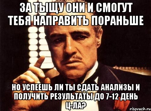 за тыщу они и смогут тебя направить пораньше но успеешь ли ты сдать анализы и получить результаты до 7-12 день ц-ла?, Мем крестный отец