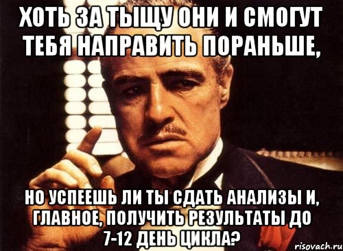 хоть за тыщу они и смогут тебя направить пораньше, но успеешь ли ты сдать анализы и, главное, получить результаты до 7-12 день цикла?, Мем крестный отец