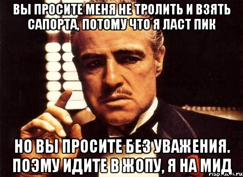 вы просите меня не тролить и взять сапорта, потому что я ласт пик но вы просите без уважения. поэму идите в жопу, я на мид, Мем крестный отец