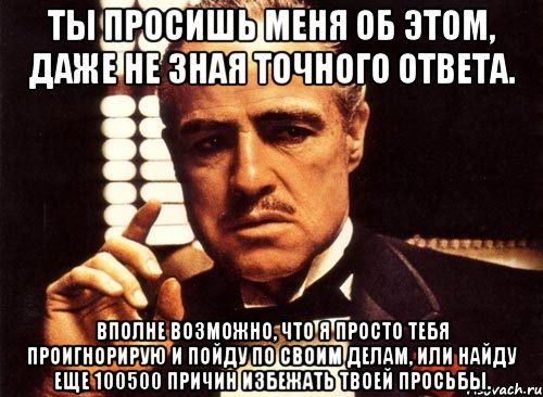 ты просишь меня об этом, даже не зная точного ответа. вполне возможно, что я просто тебя проигнорирую и пойду по своим делам, или найду еще 100500 причин избежать твоей просьбы., Мем крестный отец