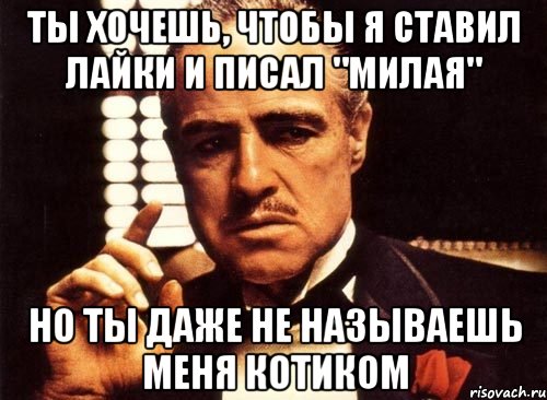 ты хочешь, чтобы я ставил лайки и писал "милая" но ты даже не называешь меня котиком, Мем крестный отец