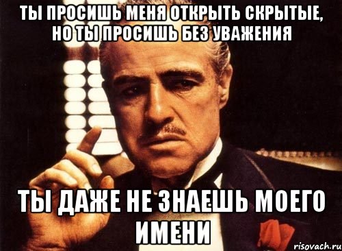 ты просишь меня открыть скрытые, но ты просишь без уважения ты даже не знаешь моего имени, Мем крестный отец