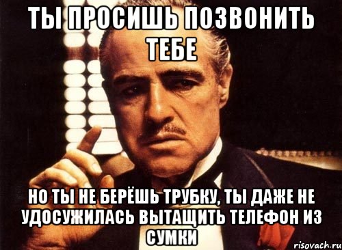 ты просишь позвонить тебе но ты не берёшь трубку, ты даже не удосужилась вытащить телефон из сумки, Мем крестный отец