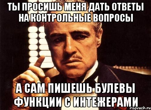 ты просишь меня дать ответы на контрольные вопросы а сам пишешь булевы функции с интежерами, Мем крестный отец