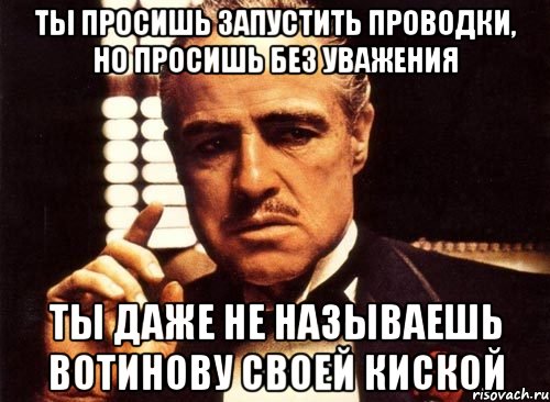 ты просишь запустить проводки, но просишь без уважения ты даже не называешь вотинову своей киской, Мем крестный отец