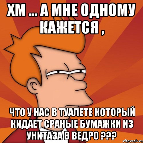 хм ... а мне одному кажется , что у нас в туалете который кидает сраные бумажки из унитаза в ведро ???, Мем Мне кажется или (Фрай Футурама)