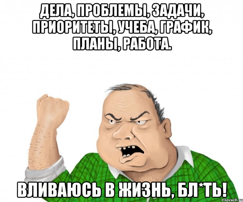 дела, проблемы, задачи, приоритеты, учеба, график, планы, работа. вливаюсь в жизнь, бл*ть!, Мем мужик