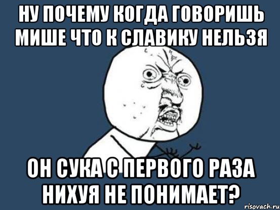 ну почему когда говоришь мише что к славику нельзя он сука с первого раза нихуя не понимает?, Мем Ну почему