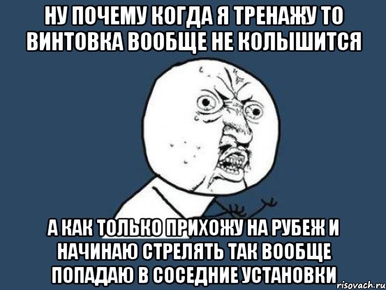 ну почему когда я тренажу то винтовка вообще не колышится а как только прихожу на рубеж и начинаю стрелять так вообще попадаю в соседние установки, Мем Ну почему