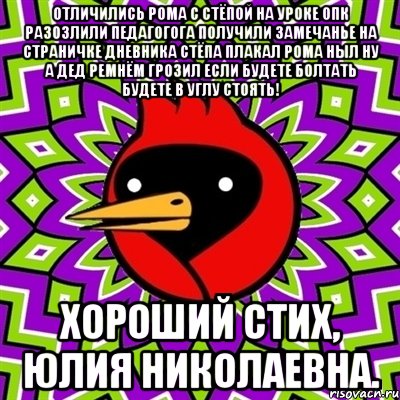 отличились рома с стёпой на уроке опк разозлили педагогога получили замечанье на страничке дневника стёпа плакал рома ныл ну а дед ремнём грозил если будете болтать будете в углу стоять! хороший стих, юлия николаевна., Мем Омская птица