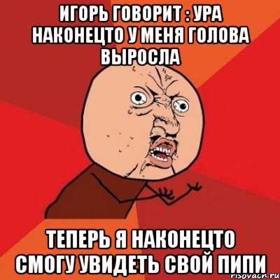 игорь говорит : ура наконецто у меня голова выросла теперь я наконецто смогу увидеть свой пипи, Мем Почему