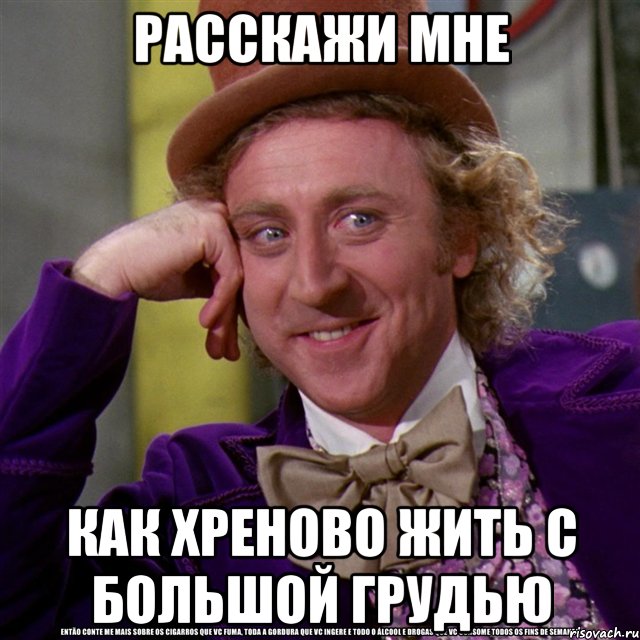 расскажи мне как хреново жить с большой грудью, Мем Ну давай расскажи (Вилли Вонка)