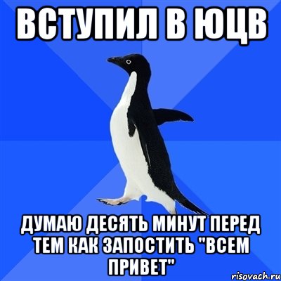 вступил в юцв думаю десять минут перед тем как запостить "всем привет", Мем  Социально-неуклюжий пингвин