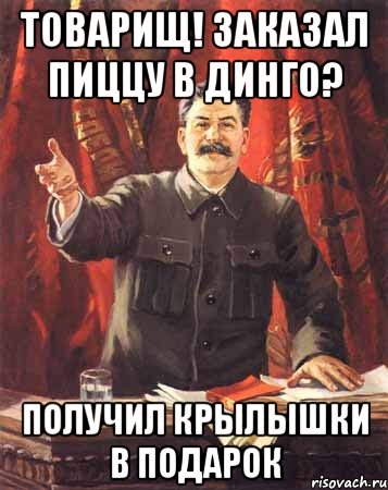 товарищ! заказал пиццу в динго? получил крылышки в подарок, Мем  сталин цветной