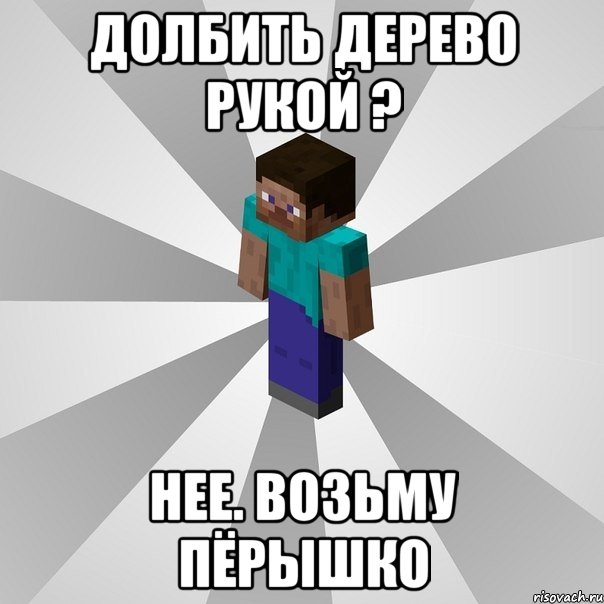 долбить дерево рукой ? нее. возьму пёрышко, Мем Типичный игрок Minecraft