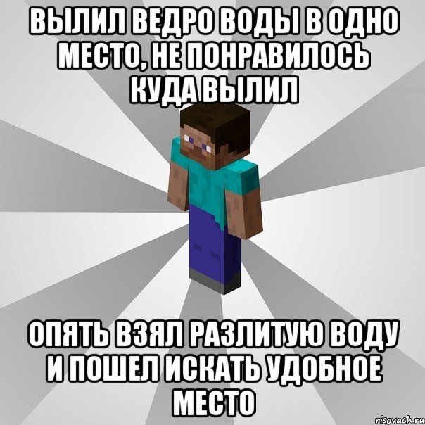 вылил ведро воды в одно место, не понравилось куда вылил опять взял разлитую воду и пошел искать удобное место, Мем Типичный игрок Minecraft