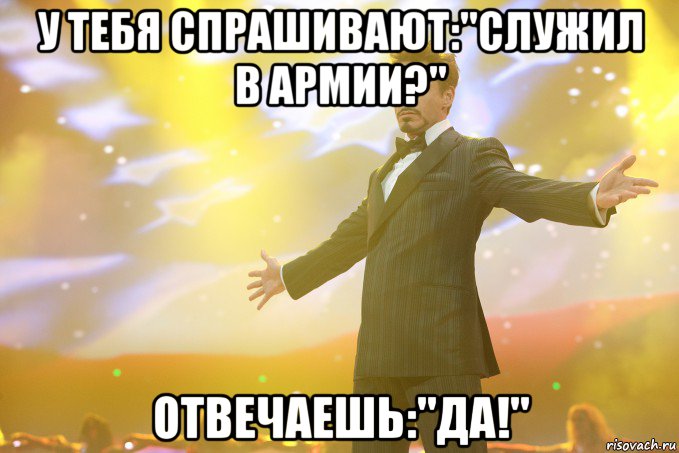 у тебя спрашивают:"служил в армии?" отвечаешь:"да!", Мем Тони Старк (Роберт Дауни младший)