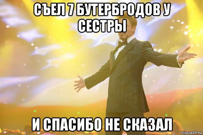 съел 7 бутербродов у сестры и спасибо не сказал, Мем Тони Старк (Роберт Дауни младший)