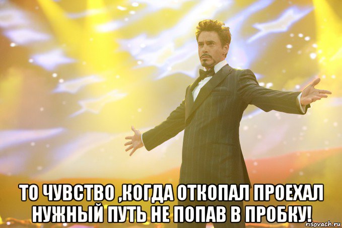  то чувство ,когда откопал проехал нужный путь не попав в пробку!, Мем Тони Старк (Роберт Дауни младший)