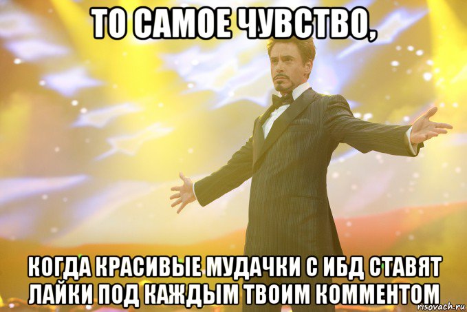 то самое чувство, когда красивые мудачки с ибд ставят лайки под каждым твоим комментом, Мем Тони Старк (Роберт Дауни младший)