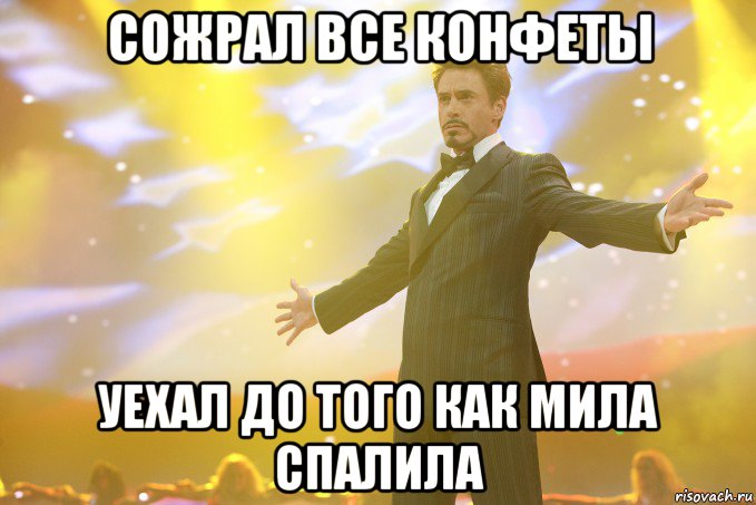 сожрал все конфеты уехал до того как мила спалила, Мем Тони Старк (Роберт Дауни младший)