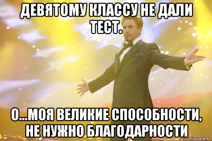 девятому классу не дали тест. о...моя великие способности, не нужно благодарности, Мем Тони Старк (Роберт Дауни младший)