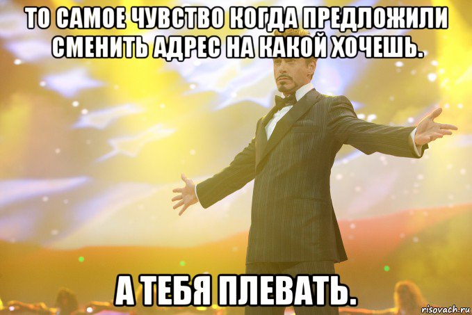 то самое чувство когда предложили сменить адрес на какой хочешь. а тебя плевать., Мем Тони Старк (Роберт Дауни младший)