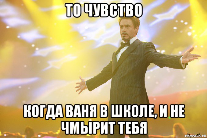 то чувство когда ваня в школе, и не чмырит тебя, Мем Тони Старк (Роберт Дауни младший)